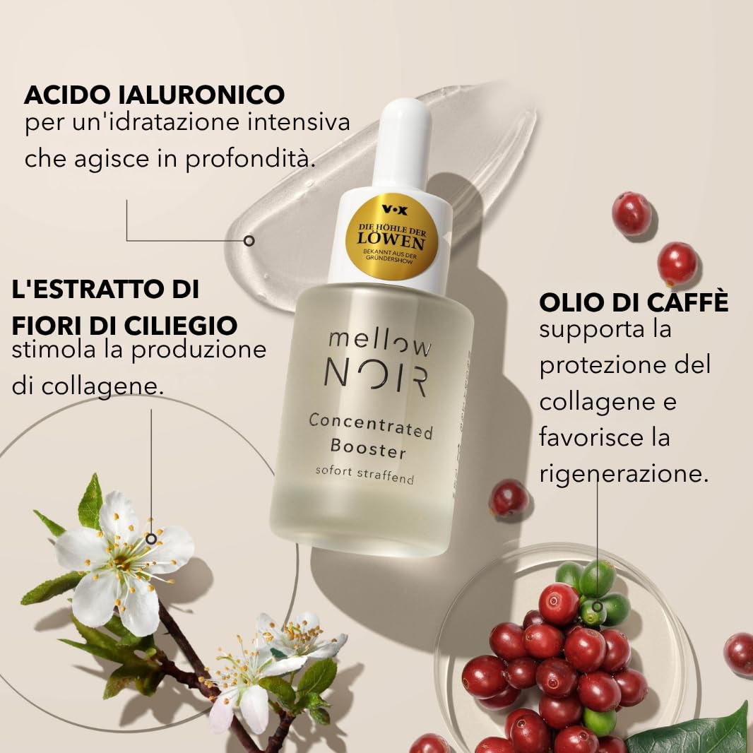 mellow NOIR Concentrated Booster 15ml | EFFETTO RASSODANTE IMMEDIATO | Siero viso all'acido ialuronico | Siero contorno occhi | Trattamento occhi e viso | Vegano | Cosmesi naturale certificata