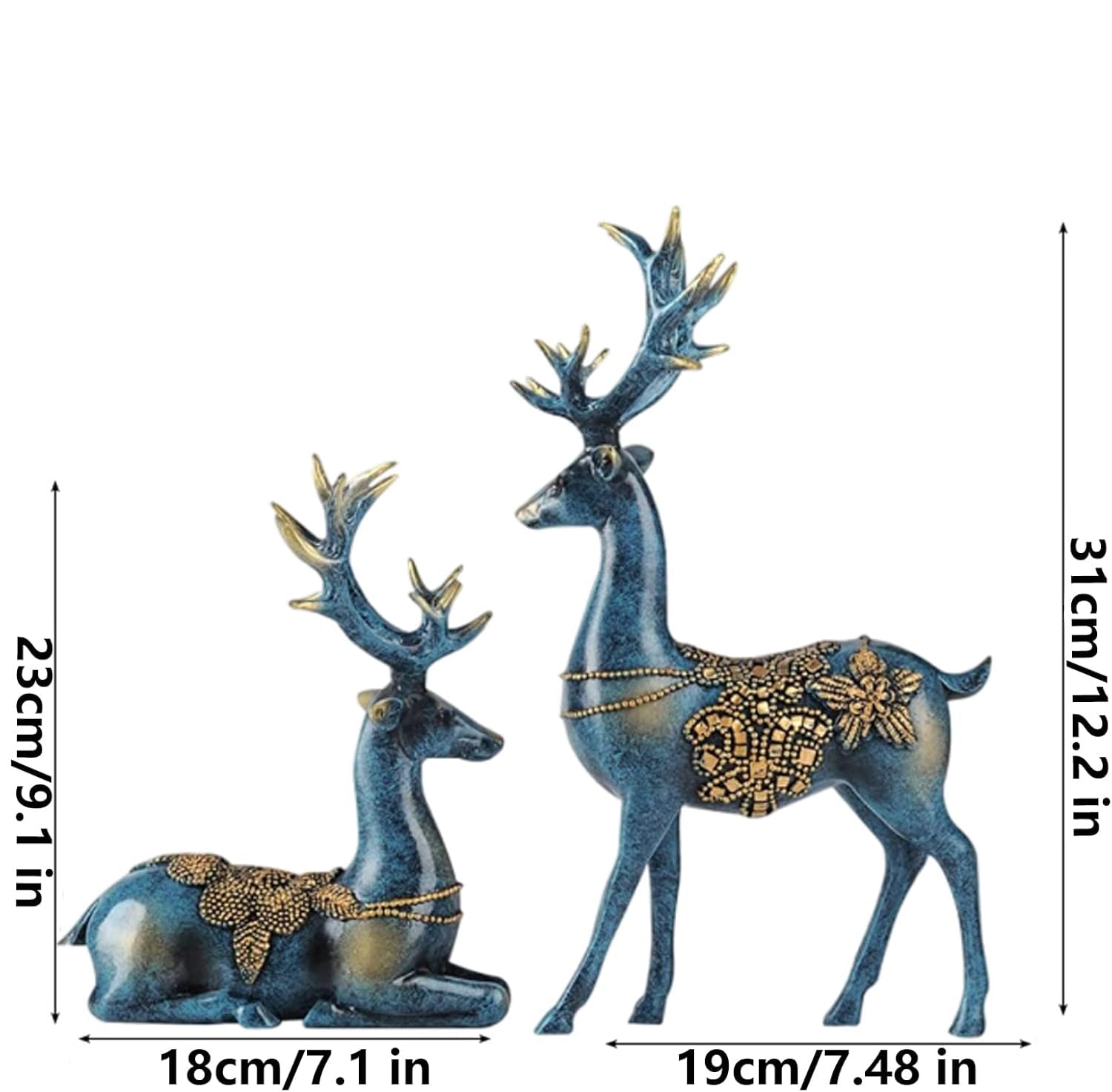 2 figuras de reno de Navidad, esculturas de reno de resina de pie y sentado para centros de mesa de Navidad, suministros de decoración del hogar de vacaciones (azul, talla única)