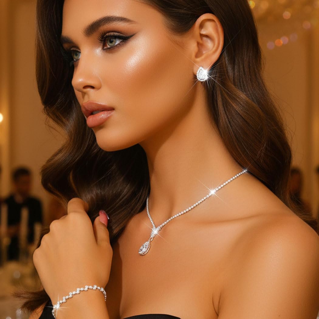 Aukmla Silver Crystal Bridal Wedding Jewelry Set Rhinestones Necklace Bracelet Earring Sets Prom Jewelry for Women and Brides - Image 3