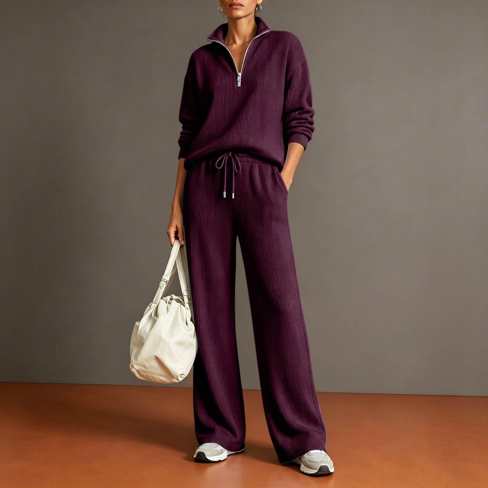 Completo Donna Casual Eleganti Felpa Mezza Zip E Pantaloni Fitness Casual | Completi Da Casa Loungewear Oversize Tracksuit In Pile Elastico Comodo Set Felpata Da Ginnastica Jogging Tinta Unita Morbido