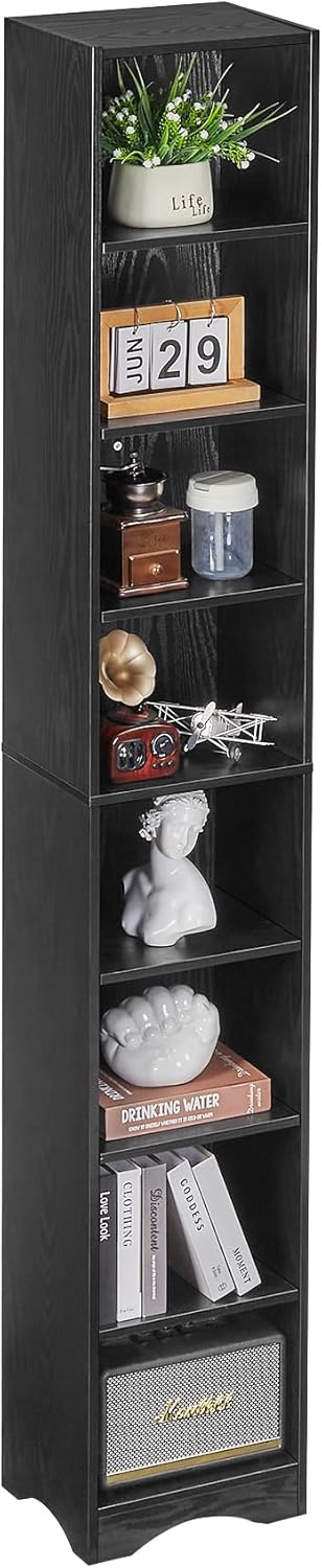 VECELO Narrow Tall 71 inch Adjustable Bookshelf - Customizable Shelf Heights, Elevated Dust/Moisture-Proof Base, Rustic Wood Display Shelf for Living Room Bedroom Small Spaces-Black