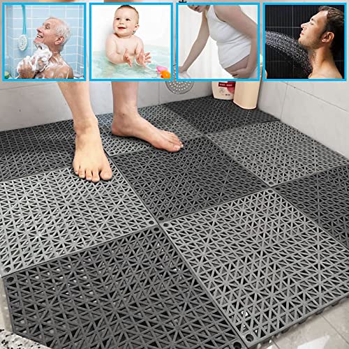 12 Pack 12" X 12" Interlocking Rubber Bathroom Flooring Tiles Non-Slip Splicing Waterproof Mat Modular Interlocking Cushion Mat For Drain, Deck, Pool, Patio, Balcony, Shower, Kitchen, Yard (Gray) #TOP5