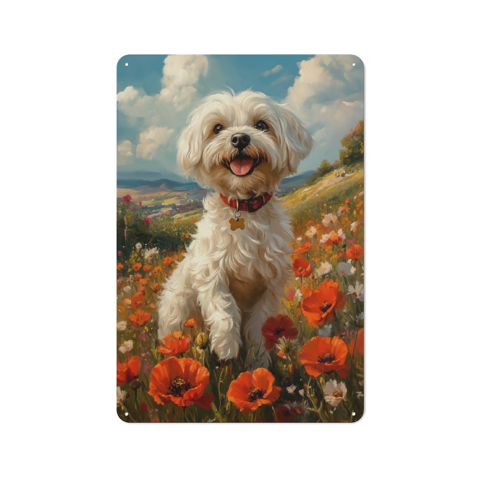 Junmoney Style-15 Country Metal Sign With Havanese Dog In Poppy Field Design 30X20cm, Farmhouse Farmhouse Wall Decor For Kitchen, Cottage, Porch Or Garden Room