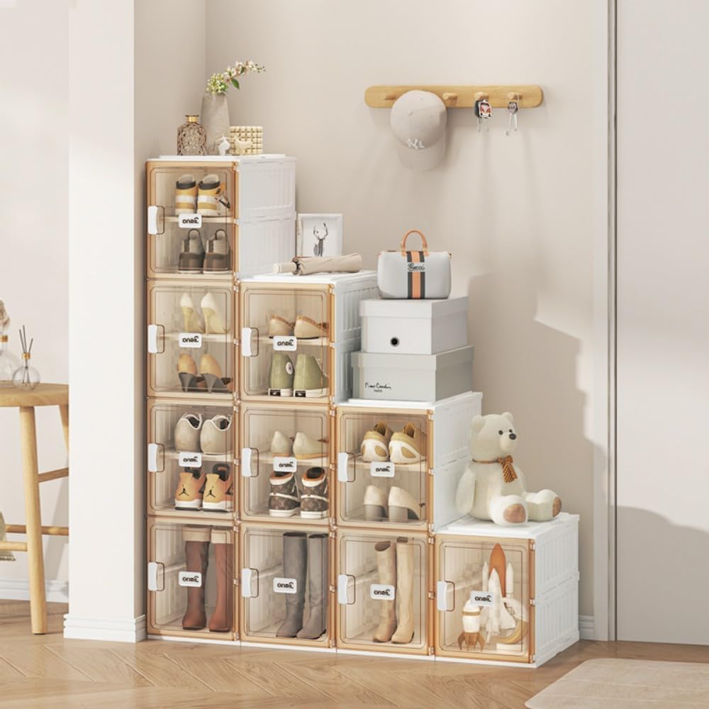 A row of four-layer foldable and stackable multi-size shoe racks is easy to assemble, with high stability and space saving. The storage organizer is equipped with a dustproof transparent door,