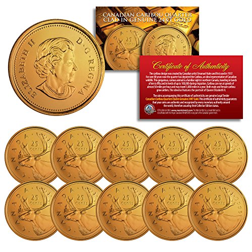 2005 Canadian Caribou Quarter UNC Queen Elizabeth II 24K Gold Plated - Qty 10