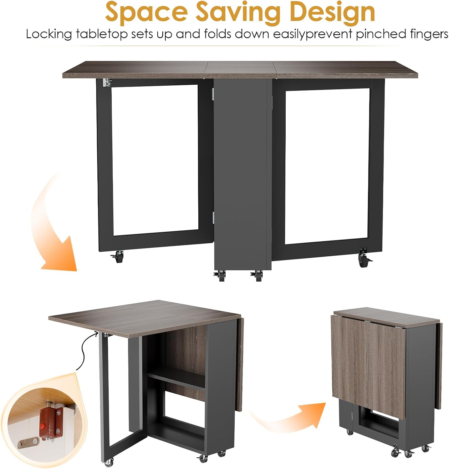 Diagram illustrating the folding and unfolding mechanism of the table, showing how the tabletop locks into place.