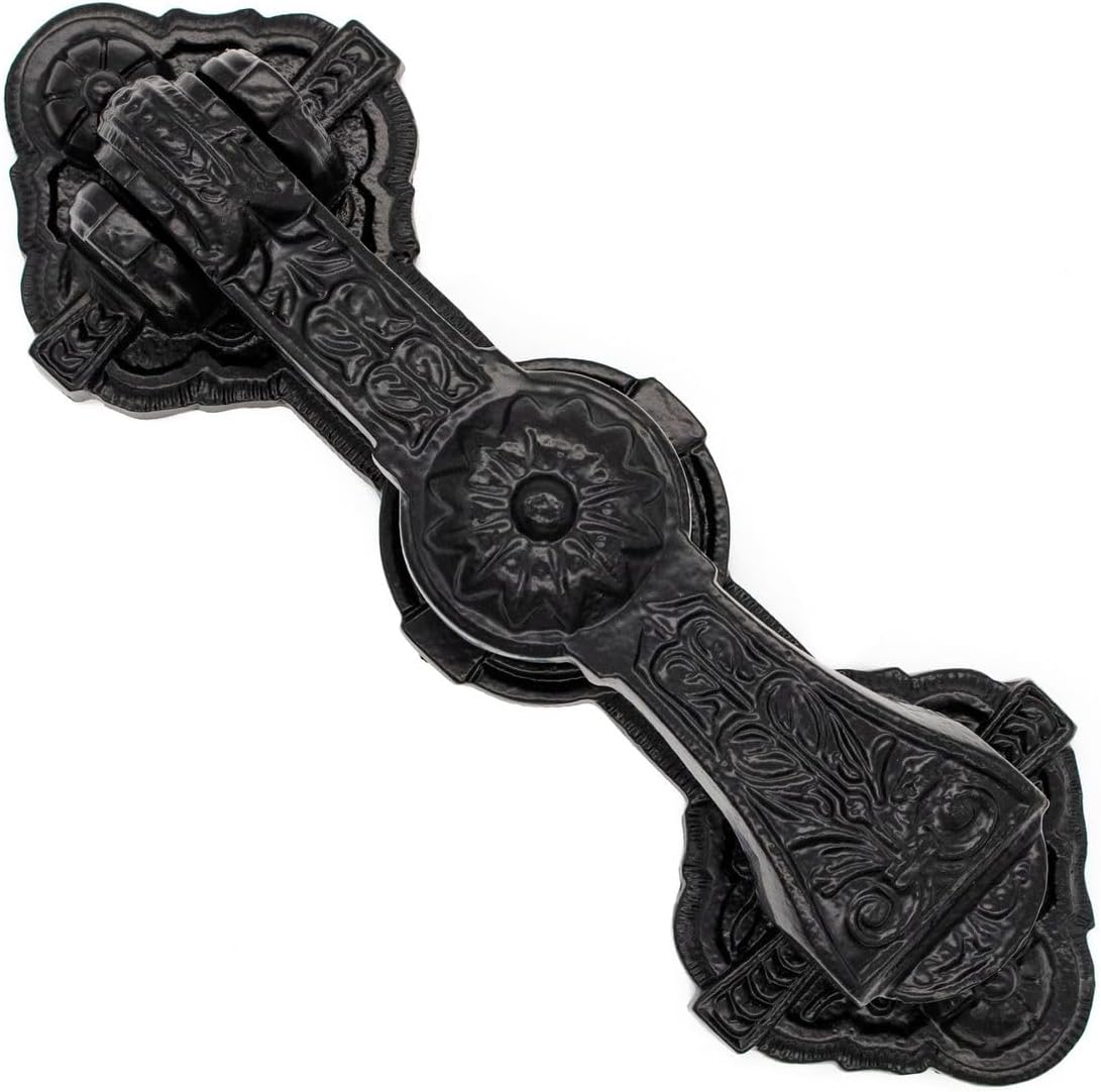 Mythrojan Front Door Knocker Heavy Duty Cast Iron Door Knocker Black Powder Coated Decorative Artisan Made Antique Knocker Unique Home Decor Knocker for Home Improvement - 10" x 3"