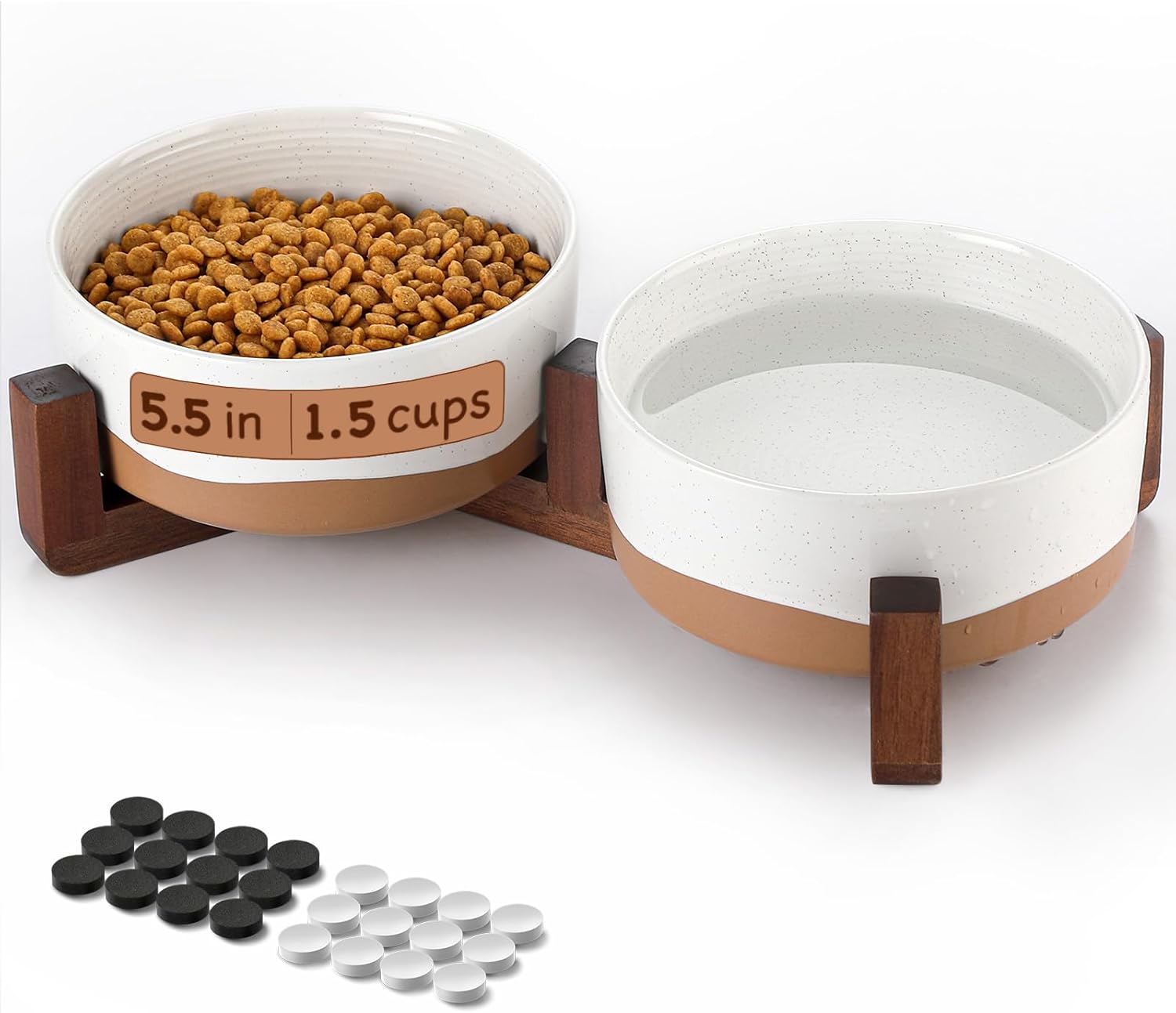 Lareina Ceramic Dog Bowl for Food and Water, Pet Bowl Set with Non-Slip Wood Stand, 1.5 Cups Basic Bowl for Your Small Dogs and Cats, Weighted Pet Bowl Set, Vanilla White