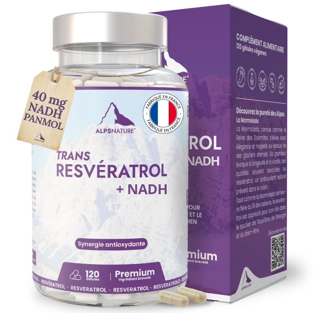 NADH 40mg Panmol Breveté + Trans-Resvératrol 98% Pur – Énergie Cellulaire & Haute Biodisponibilité – 120 Gélules Végétalien & Sans Gluten - Fabriqué en France & testé en laboratoire