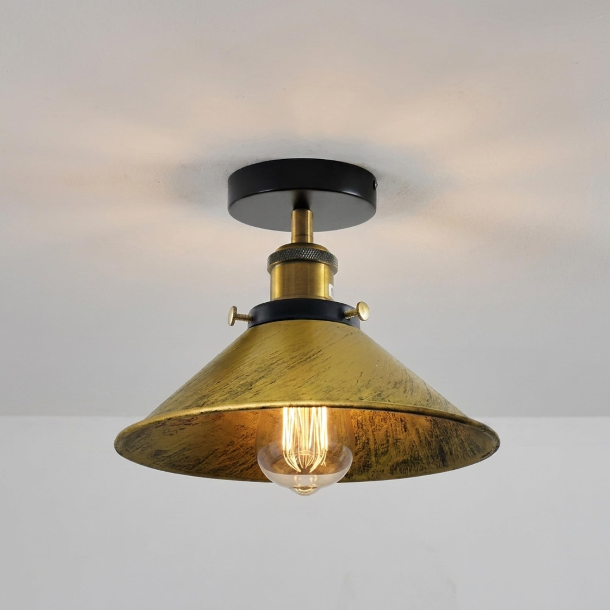 LEDSone Vintage Industrial Metal E27 Ceiling Light Fitting 22cm Brushed Brass Cone Lampshade Semi Flush Mount Lamp for Bedroom Livingroom Hallway with Bulb