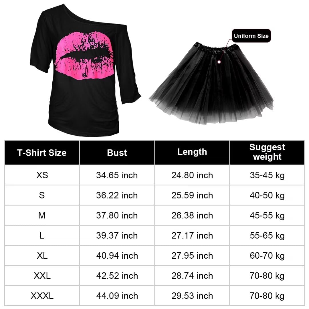 WILDPARTY 80s Fancy Dress For Women, Lip Print T-shirt, Tutu Skirt, Leg Warmers, Necklace, Fishnet Gloves, Earrings, Neon Costumes Accessories for Retro Theme Party Cosplay - Image 2