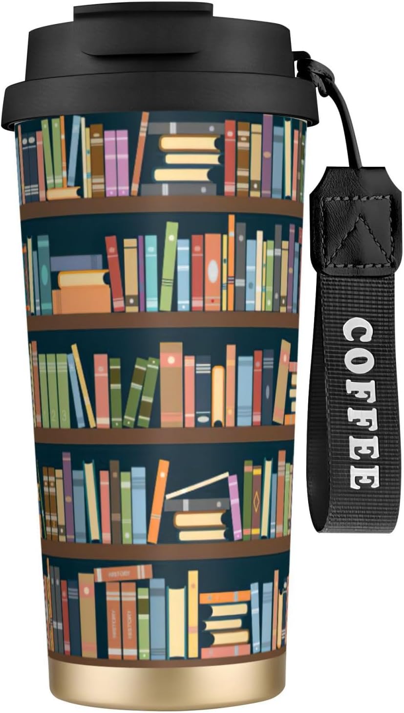 Cartoon Bookshelf Bookworm Print Leakproof Insulated Coffee Mug,Stainless Steel Dual Drink Travel Tumbler,17 OZ