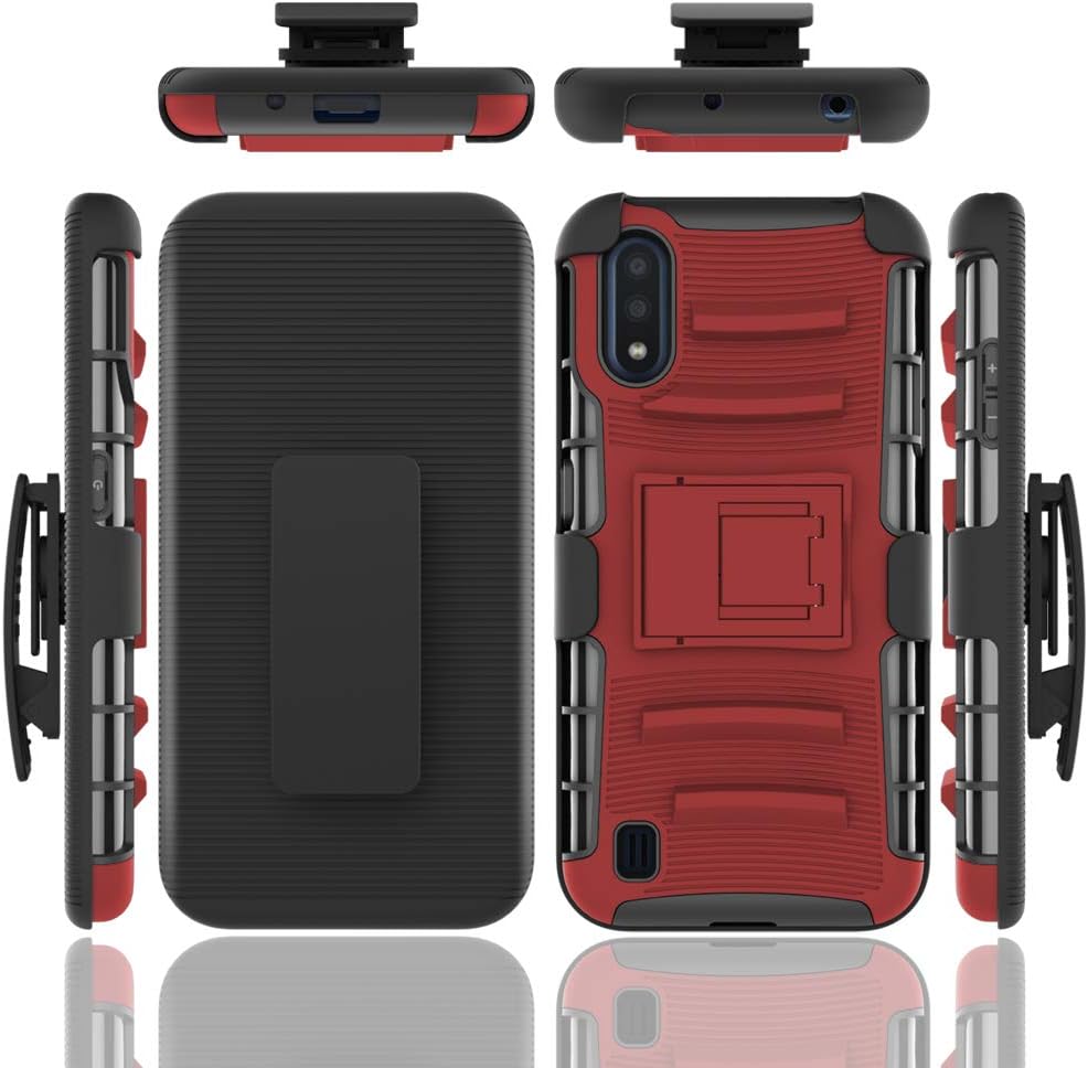 ChangeJ Compatible for Samsung A01 Case,Military Grade Protection with Tempered Glass Screen Protector Holster Belt Clip Kickstand Amor Case for Samsung Galaxy A01 - Red