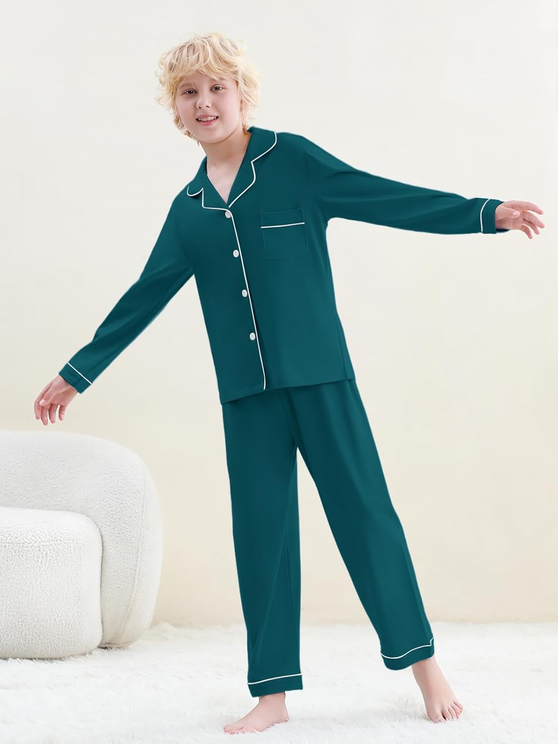 Umeyda Kids 100% Cotton Pajamas Set Big Boys 2 Pcs Pj Long Sleeve Sleepwear Button-Down Cute Nightwear, Dark Green, for Ages 7-8 Years = Tag 140 - Image 3