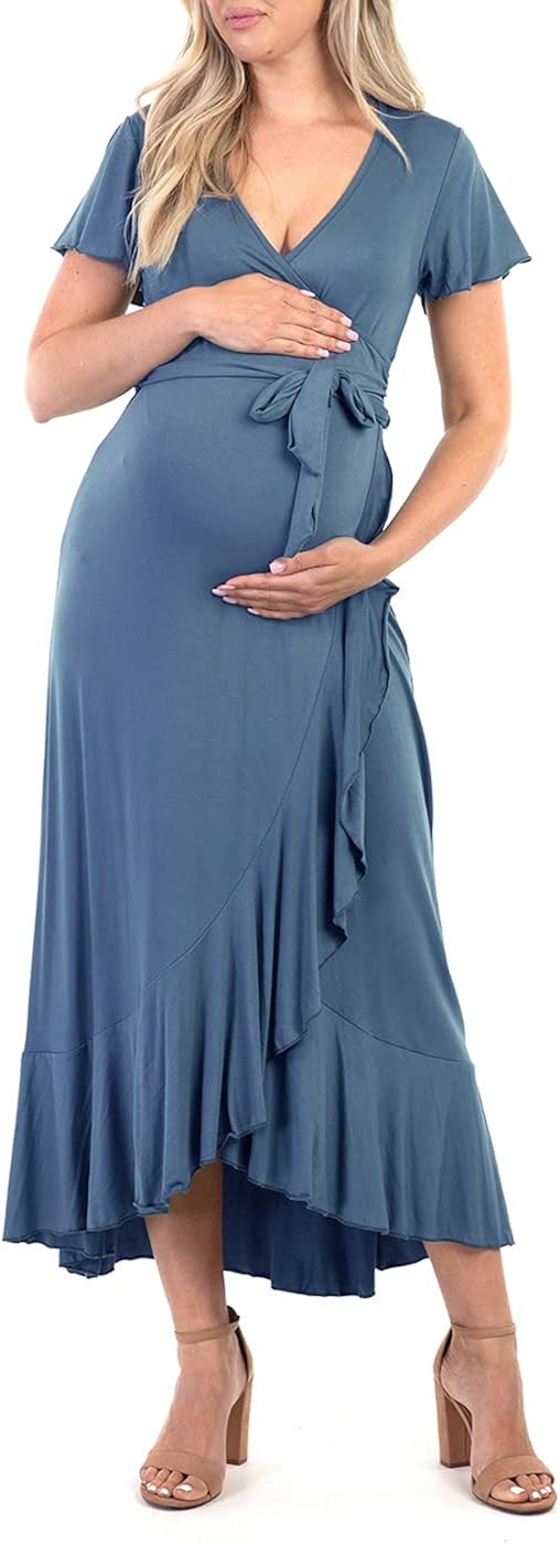 Mother Bee Maternity Faux Wrap Butterfly Sleeve Dress with Ruffles at  Women’s Clothing store