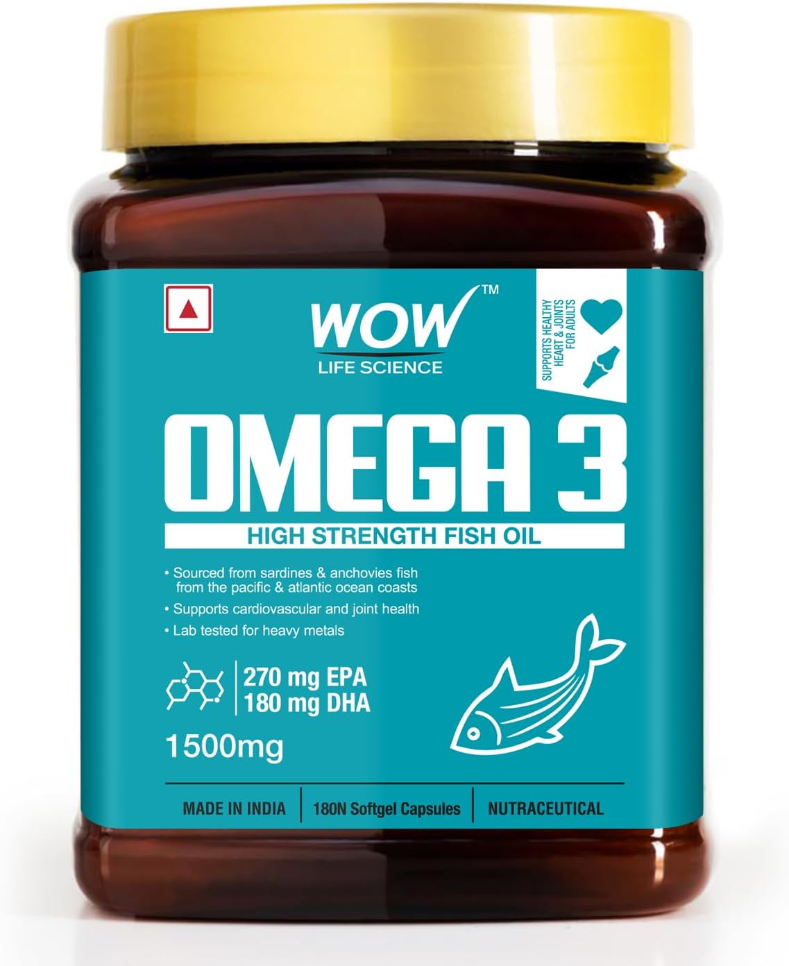 WOW Life Science Omega 3 Fish Oil Capsules | Regular Strength 1500 mg with 270 mg EPA and 180 mg DHA | For Heart, Joints, Eye and Brain Health | 180 Capsules