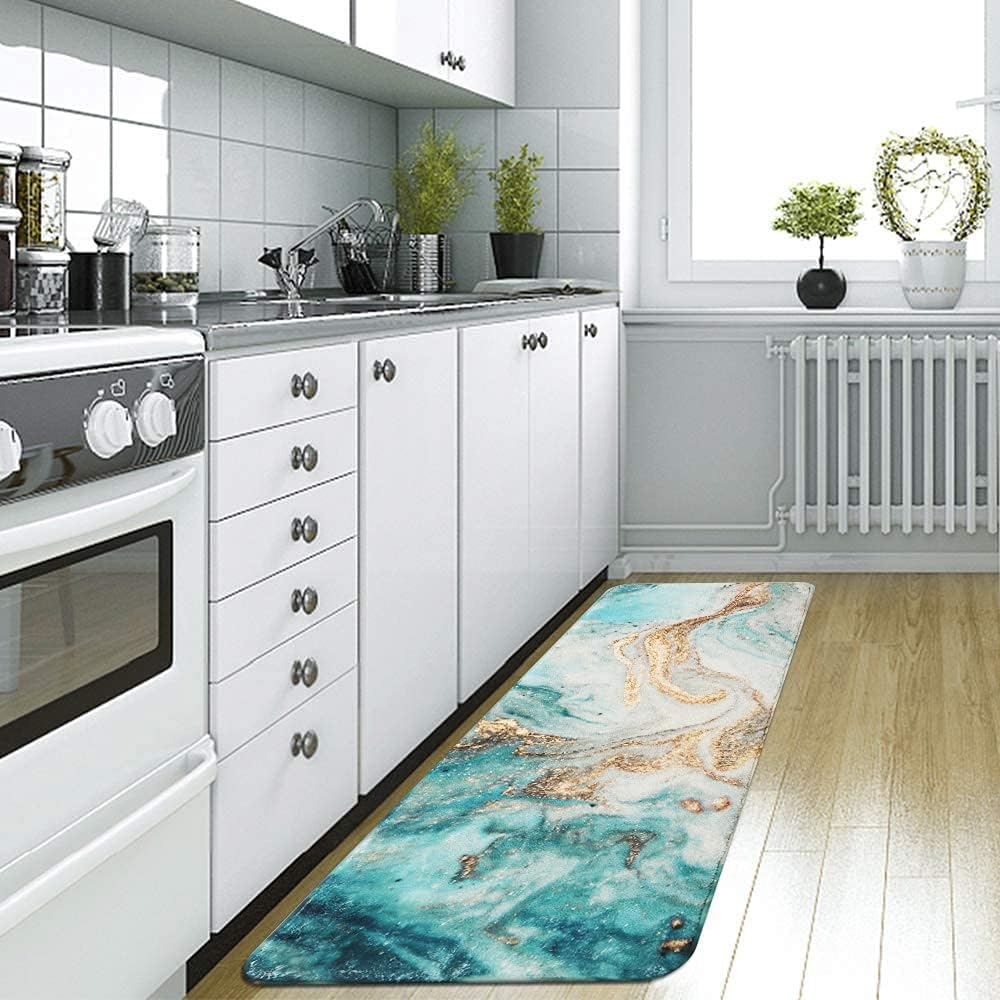 Uphome Extra Long Bath Rugs Luxury Turquoise Marble Bathroom Runner Rugs Ultra Soft Microfiber Velvet Bath Mat Non-Slip Washable Floor Carpet for Kitchen Bathtub Shower Accessories 24x71