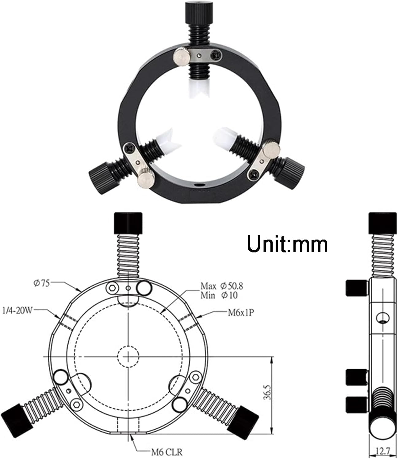 Uniwersalny uchwyt obiektywu z 3 pazurami, samocentrujący montaż współosiowy, regulowany zacisk 20-75 mm, stop aluminium (10)