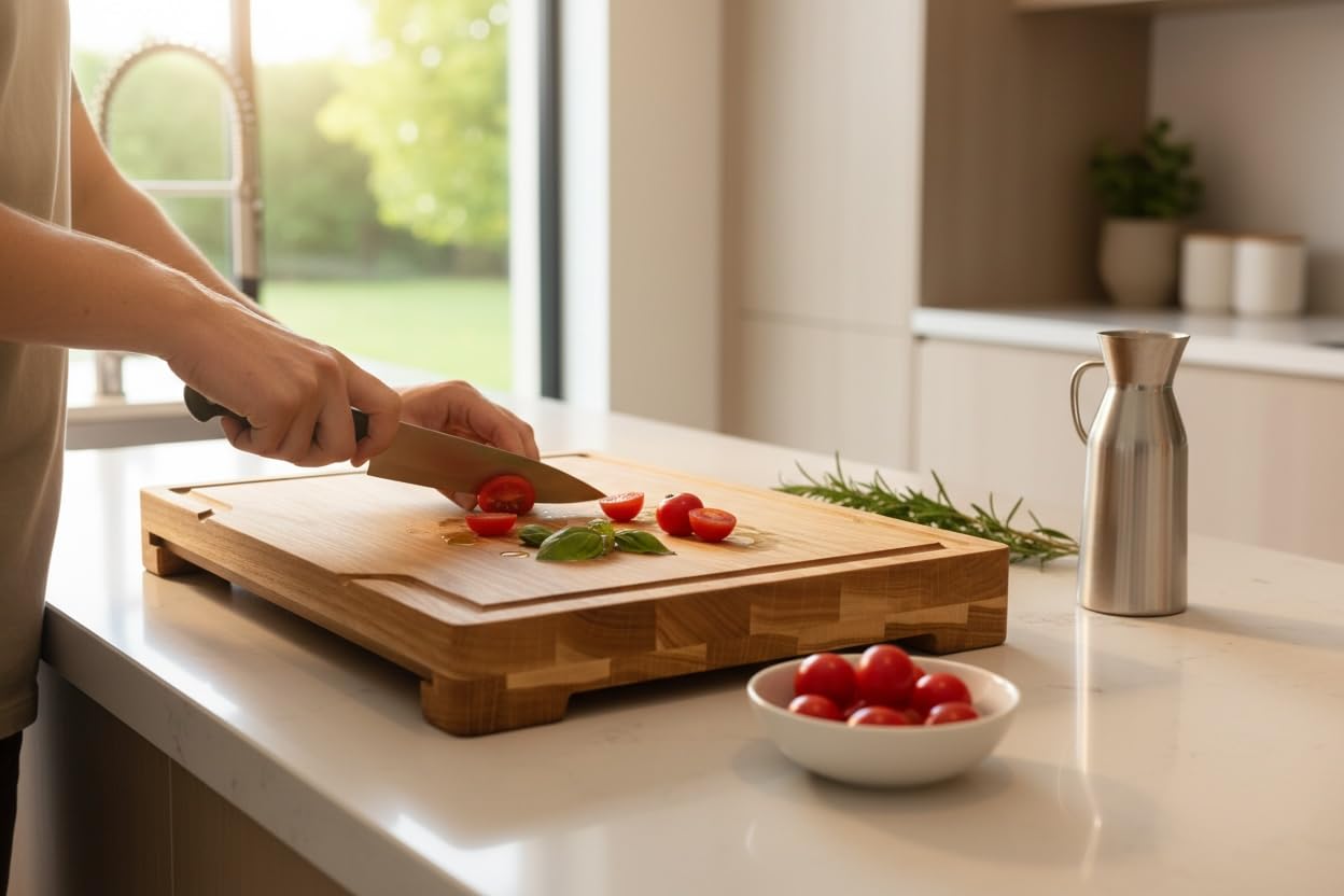 B4K® Tagliere in rovere con cassetto in acciaio inox, 37 x 27 x 4,2 cm, con scanalatura e vaschetta di raccolta, tagliere in legno massello – robusto tagliere da lavoro circa 2 kg