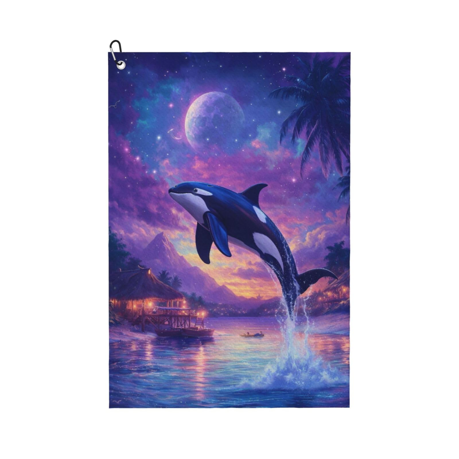 Oudrspo Dreamy Colored Whale and Island Multi-Functional Golf Towel | Absorbent Quick Drying 16x24in