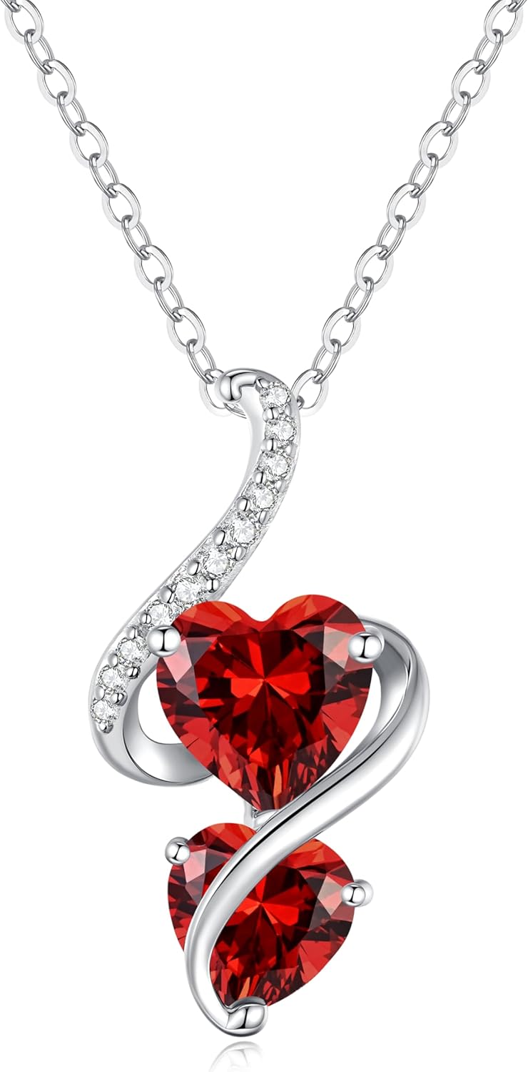 LOUISA SECRET Unique Double Heart Necklace Gifts for Wife Women, 925 Sterling Silver Tiny Birthstone Pendant Jewelry Gift for Her Girlfriend Mom Valentine's Day Anniversary Mother's Day Birthdays & Christmas