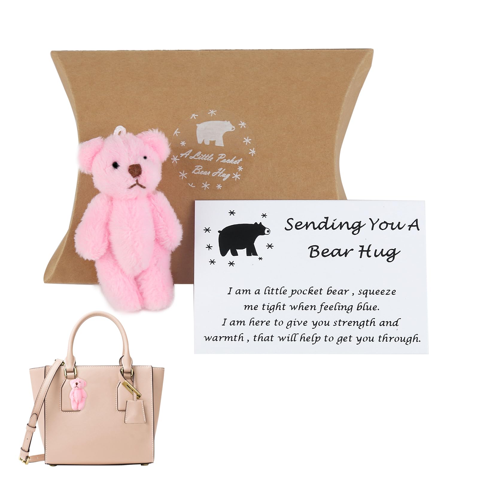 QOCO A Little Pocket Bear Hug,Mini Animal Pocket Hug Bear Decoration Thinking of You Cards Sending You a Hug Card and a Bear Toy Best Wishes Gifts for Graduation Birthday Wedding (pink)