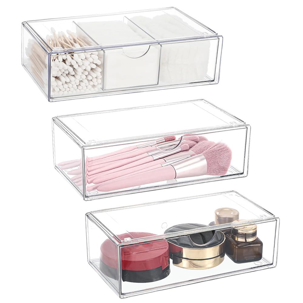 Exquilnova 3 Pcs Makeup Organiser,Transparent Acrylic Makeup Storage,Cosmetics Organiser With Drawer For Bathroom Storage,Stackable Drawers For Kitchen,Office,Cabinet,Desk,Dresser(3)