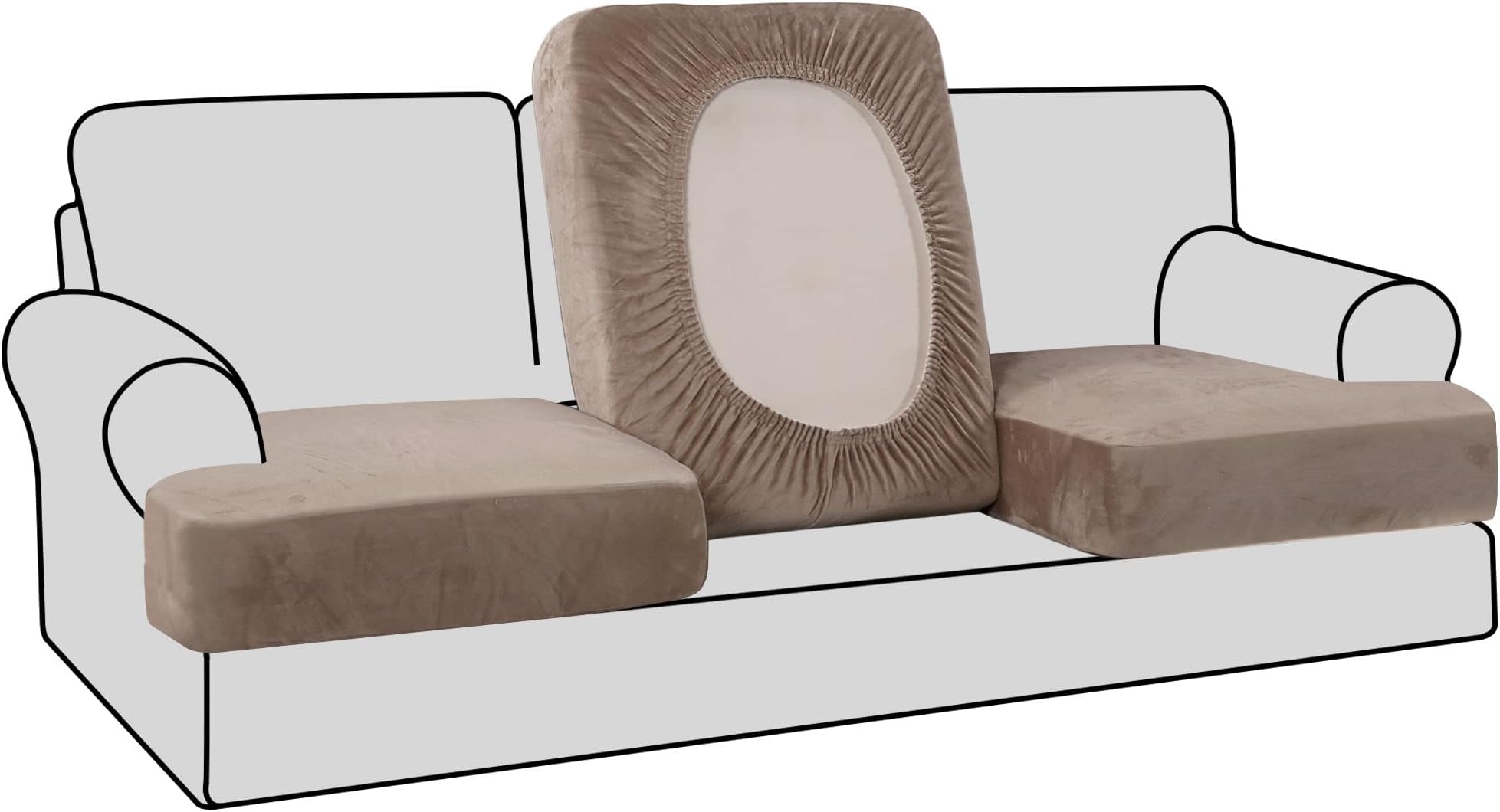 H.VERSAILTEX Stretch Velvet 3 Piece T Cushion Sofa Slipcovers - Individually Fitting Cushion Covers for 3 Cushion Couch - Stay in Place (Taupe)
