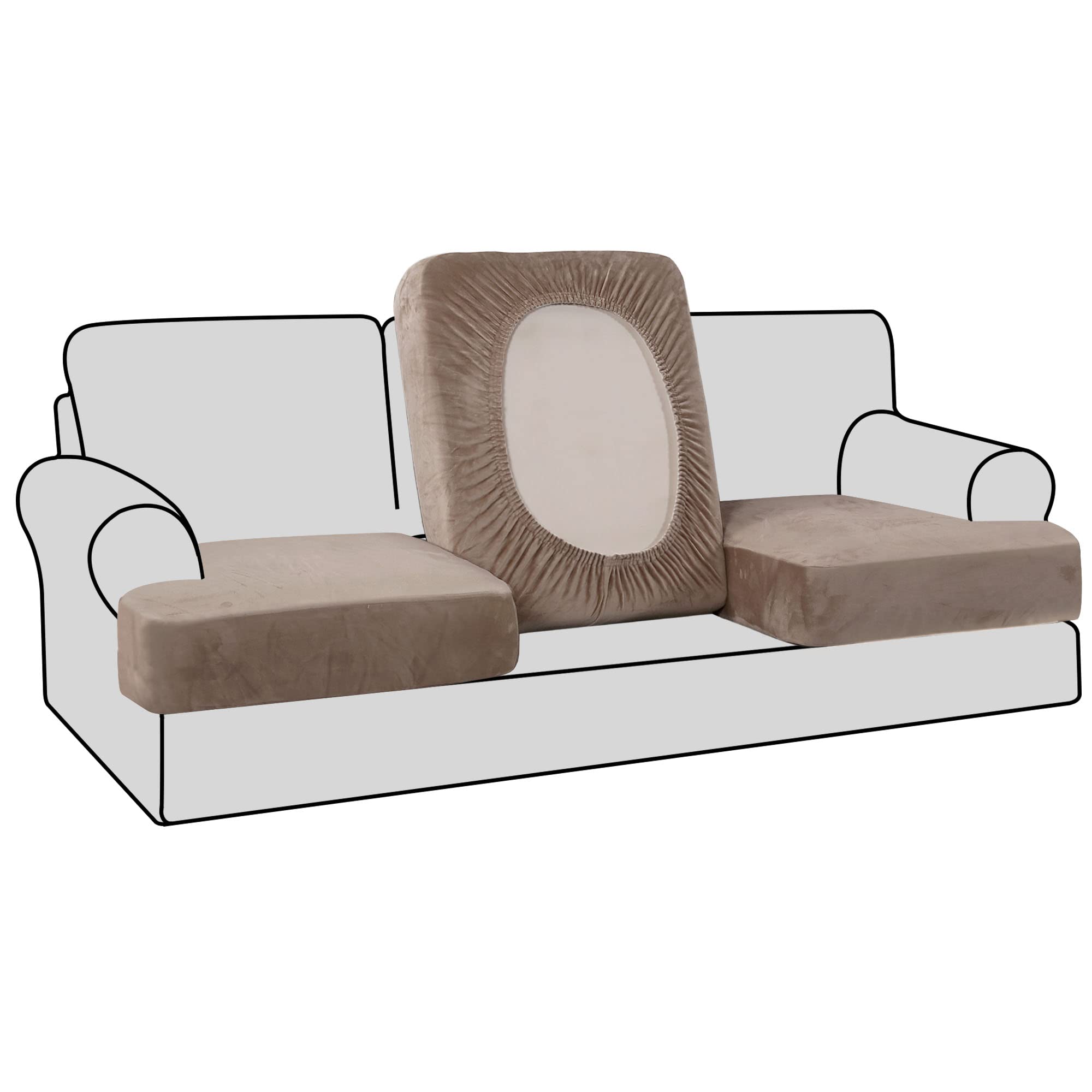 H.VERSAILTEX Stretch Velvet 3 Piece T Cushion Sofa Slipcovers - Individually Fitting Cushion Covers for 3 Cushion Couch - Stay in Place (Taupe)