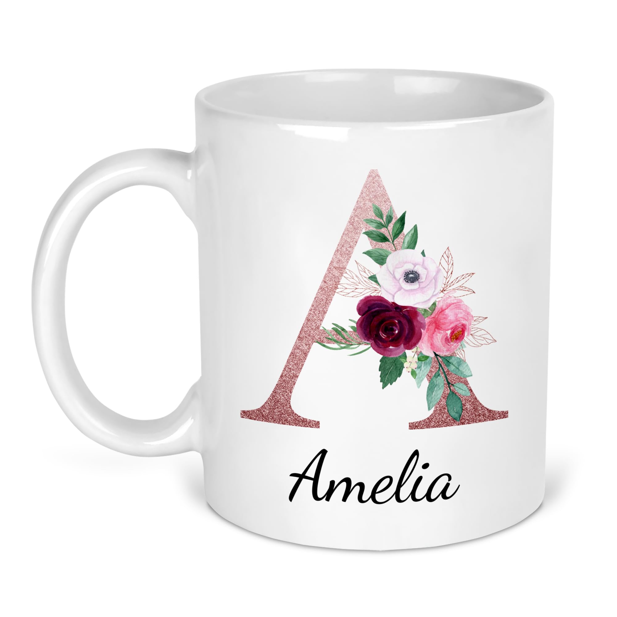 Personalised Floral Initial and Name Mug Rose Gold Letter Design