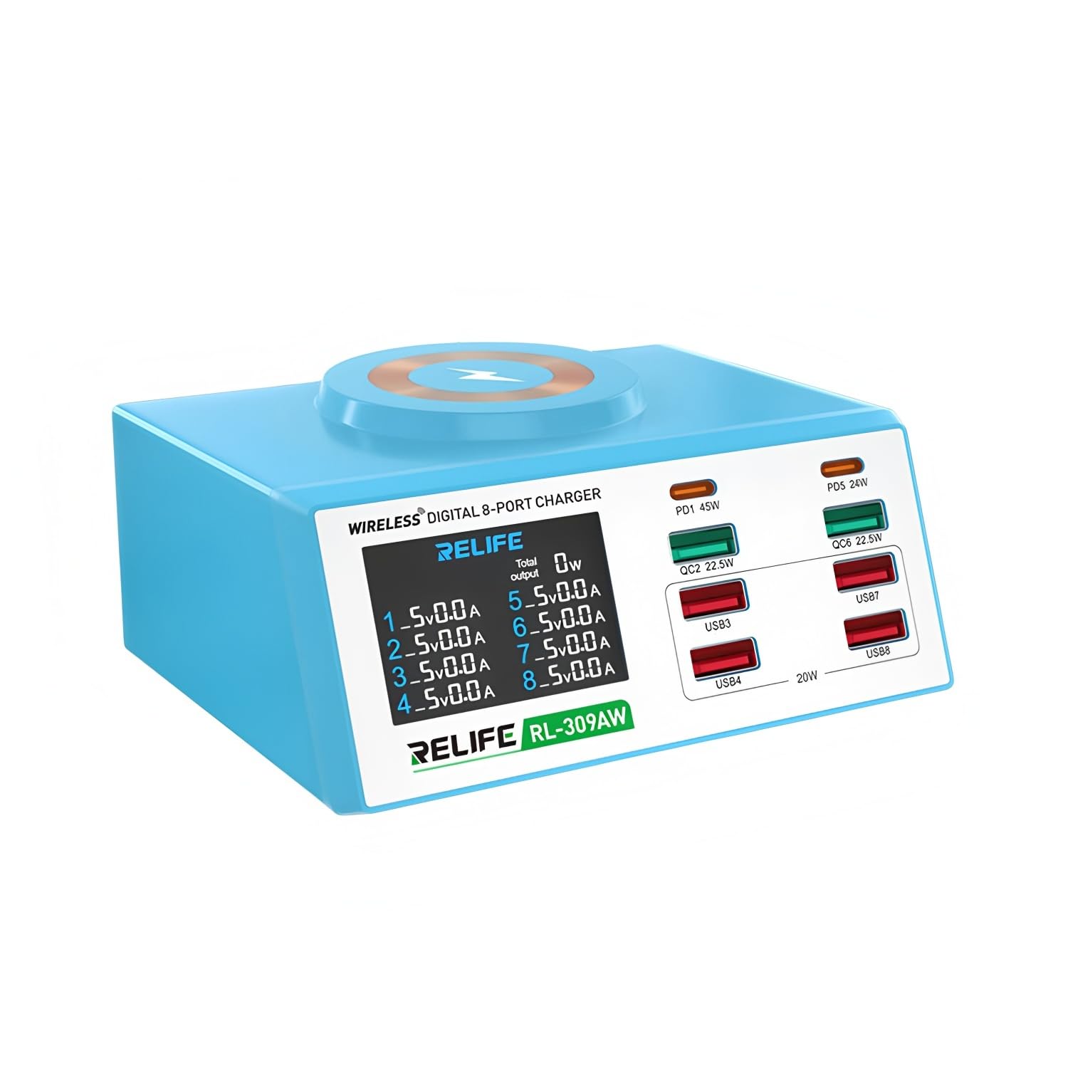 RELIFE/SUNSHINE RL-309AW RL-309A 8-port Digital Display 100W high power Charger Multifunction Mobile Phones Tablets Laptops Smart Fast Charging Tools(RL-309A)