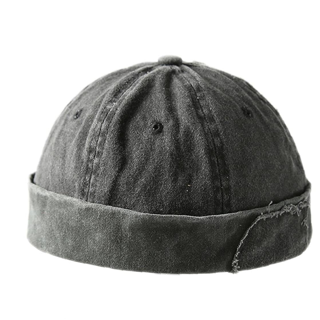 Tossper Men's Black Denim Docker Caps Adjustable Landlord Hat Rolled Cuff Hat Retro Brimless Beanie Cap Soft Sailor Hats