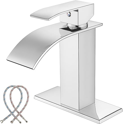 Midanya Grifo de lavabo de baño con boquilla de cascada pulido cromado de un solo mango 1 orificio para lavabo grifo mezclador de agua caliente y