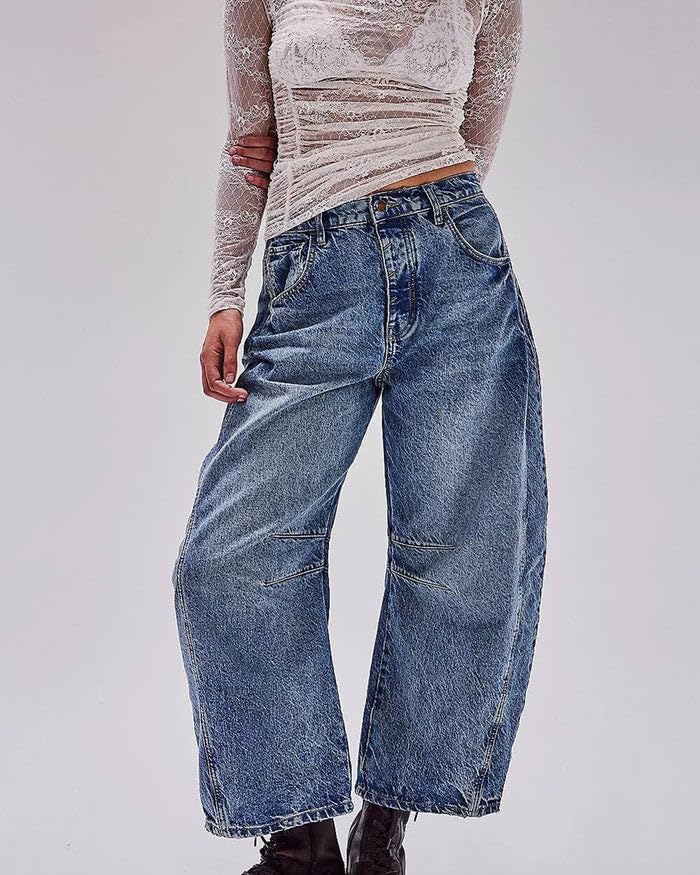 Barrel Jeans Women,Women Mid Rise Barrel Jeans Wide Leg Baggy Trendy Jeans Boyfriend Vintage Denim Pants with Pocket4