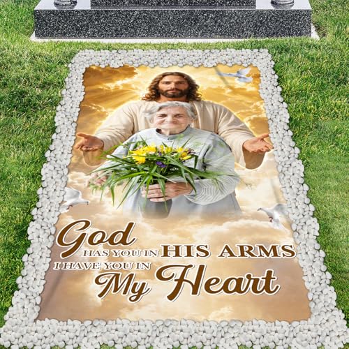 SATIGI Personalized Memorial Grave Blanket for Cemetery Waterproof Grave Cover with Photo Name Date in Loving Memory Sympathy Funeral Gift for Loss of Loved One (God has You in his arms)