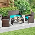 YITAHOME Patio Furniture Wicker Outdoor Bistro Set, 4-Piece All Weather Rattan Conversation Loveseat for Backyard, Balcony and Deck w/Soft Cushions and Metal Coffee Table (Brown+Blue)