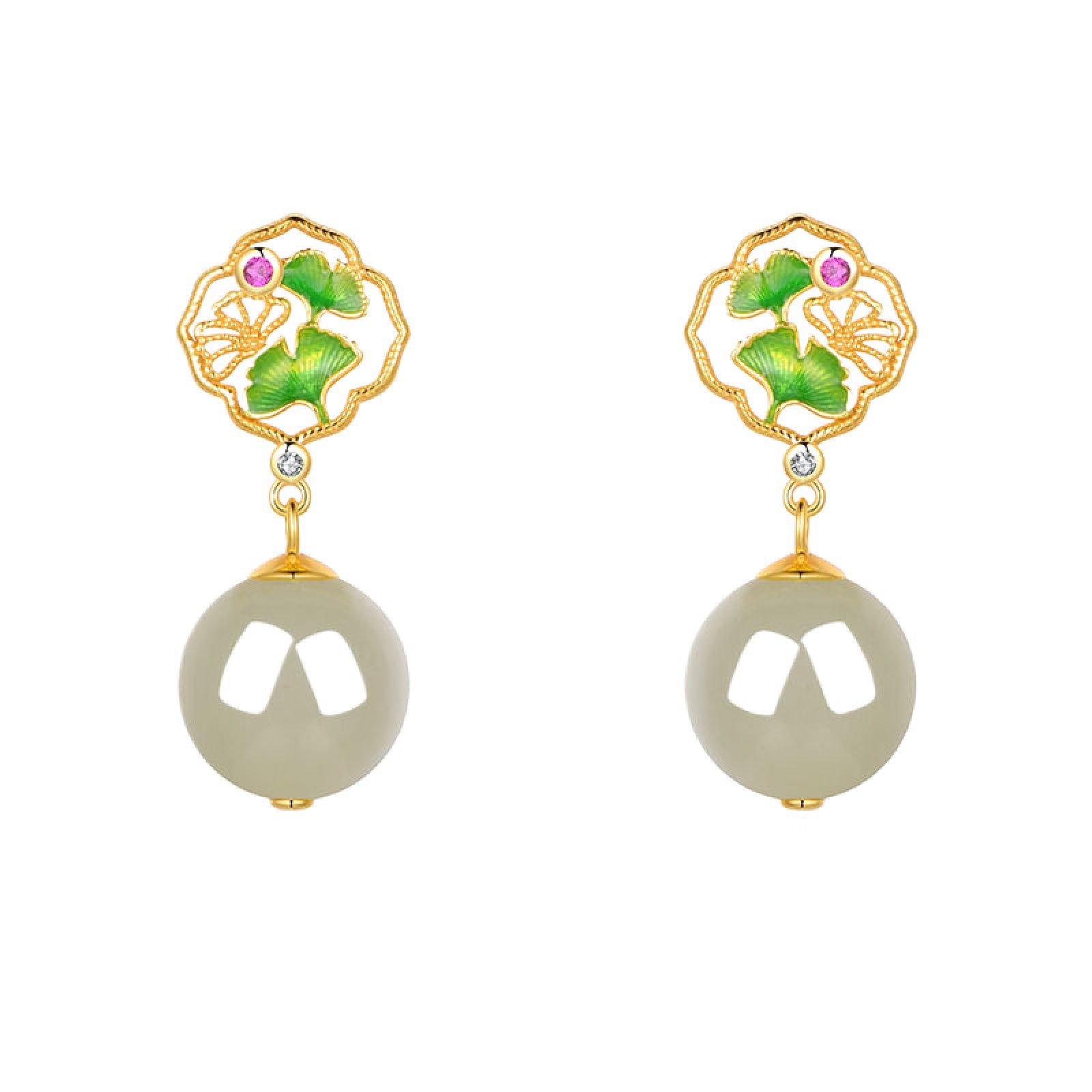 Boucles d'oreilles Jade de Hetian argent massif et émail ajouré style rétro - 6