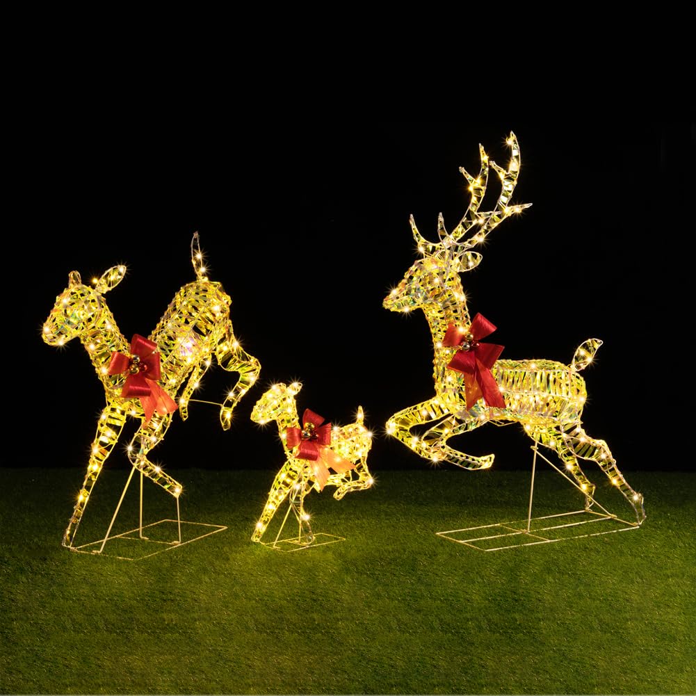 BAKAJI Familie 3 Rentiere Lichter Weihnachten Warmweiß für Außen Hirsche Weihnachtsmann LED Dekoration 3D Dekoration Rentier Außentür Garten Terrasse IP44