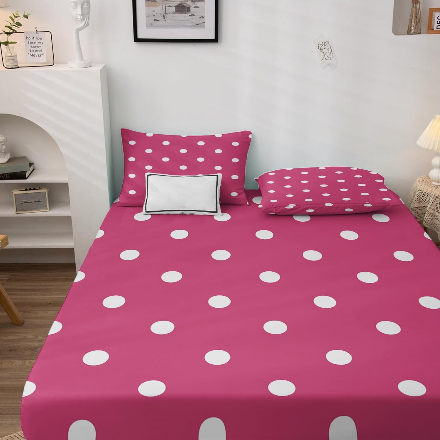 Polka Dot Sheets Queen Size, Geometric Sheet Set, Pink White Bed Sheets - 16 Inch Deep Pocket, Ultra Soft Winkle Free Microfiber Bedding Sheets & Pillowcases 4 Piece