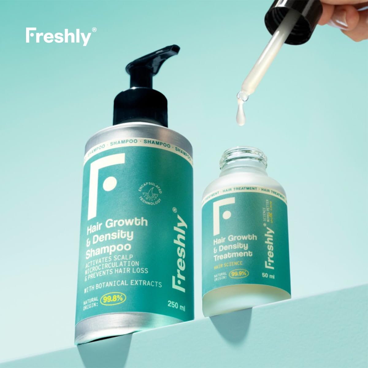 Freshly - Hair Growth & Density Anticaída Pack – Rutina Capilar Natural Anticaída – Champú + Tratamiento Sérum – Fortalece y Mejora Densidad del Cabello – Fórmula 99% Natural