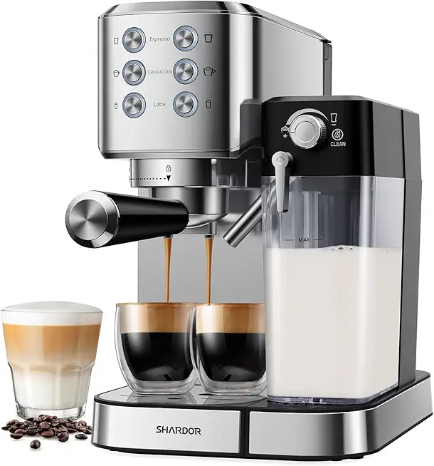 SHARDOR Espresso Siebträgermaschine mit Milchaufschäumer, 1350W 20 Bar Edelstahl Espressomaschine mit Siebträger, Professionelle Kaffeemaschine für Espresso Cappuccino Latte Macchiato Schwarz