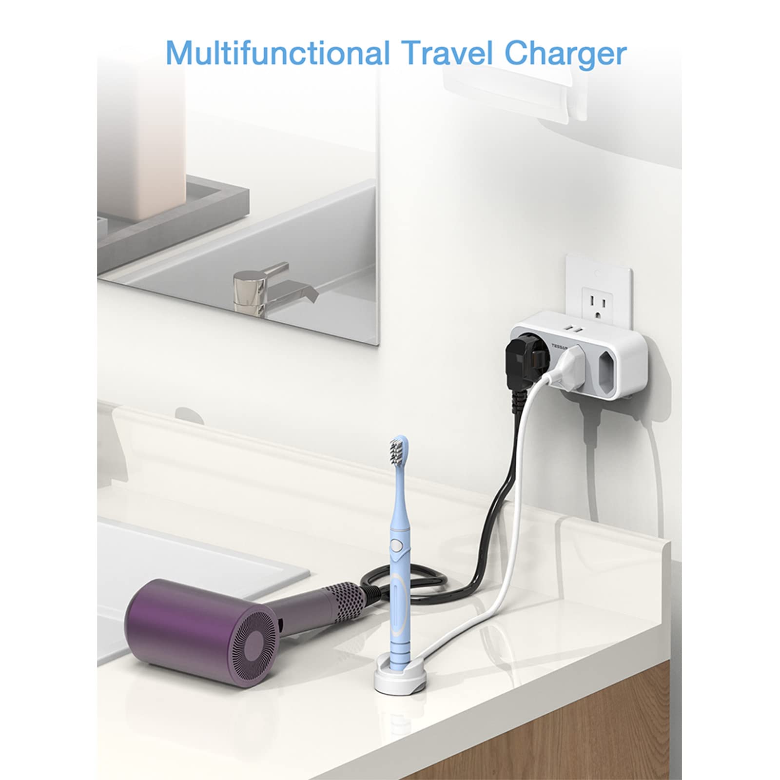 TESSAN Adattatore Presa Americana, Adattatore USA con 3 Tomas y 2 USB, Presa Americana Adattatore Italiana para USA Tailandia Canada Messico, Adattatore Spina Americana