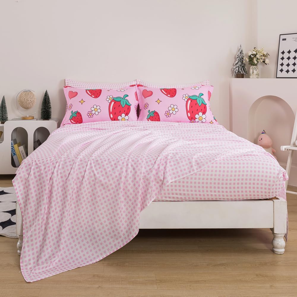 ADASMILE A & S Strawberry Comforter Set Full Size for Girls Kids Cute Strawberry Flowers Bedding Sets 7 Piece Pink Kawaii Bed in A Bag Comforter with 1 Flat 1 Fitted Sheet 4 Pillow Shams Home Decor - Image 4