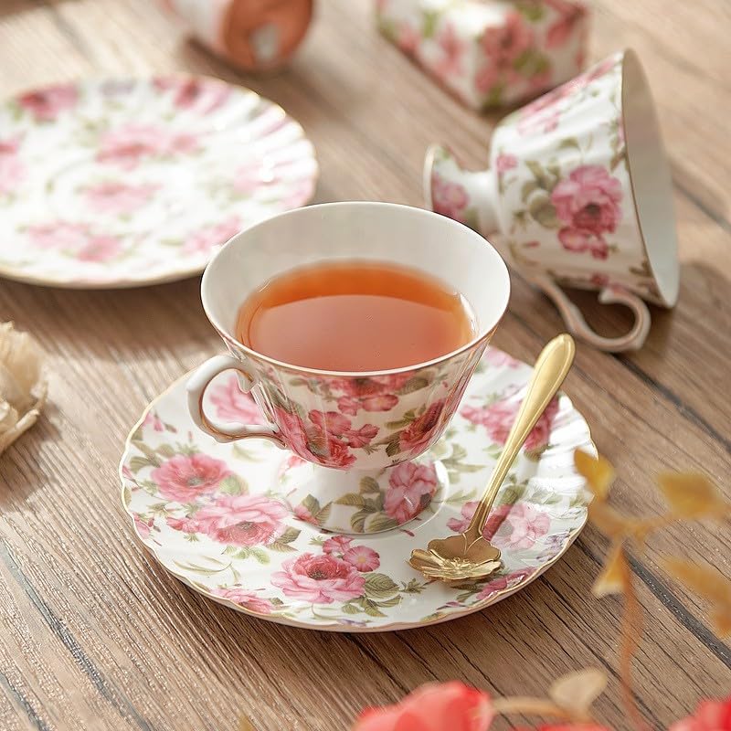 Set di tazze e piattini da caffè e tè in ceramica set di tazze da caffè e piattini in ceramica con peonia rosa piatto per tazza da latte e succo regalo di compleanno per ufficio e casa
