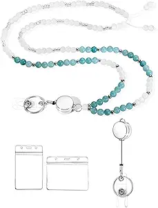 COTATI Teacher Lanyard for Id Badges and Keys,Retractable Beaded Cute Lanyards for Women Card Badge Holder (Silver-Green)