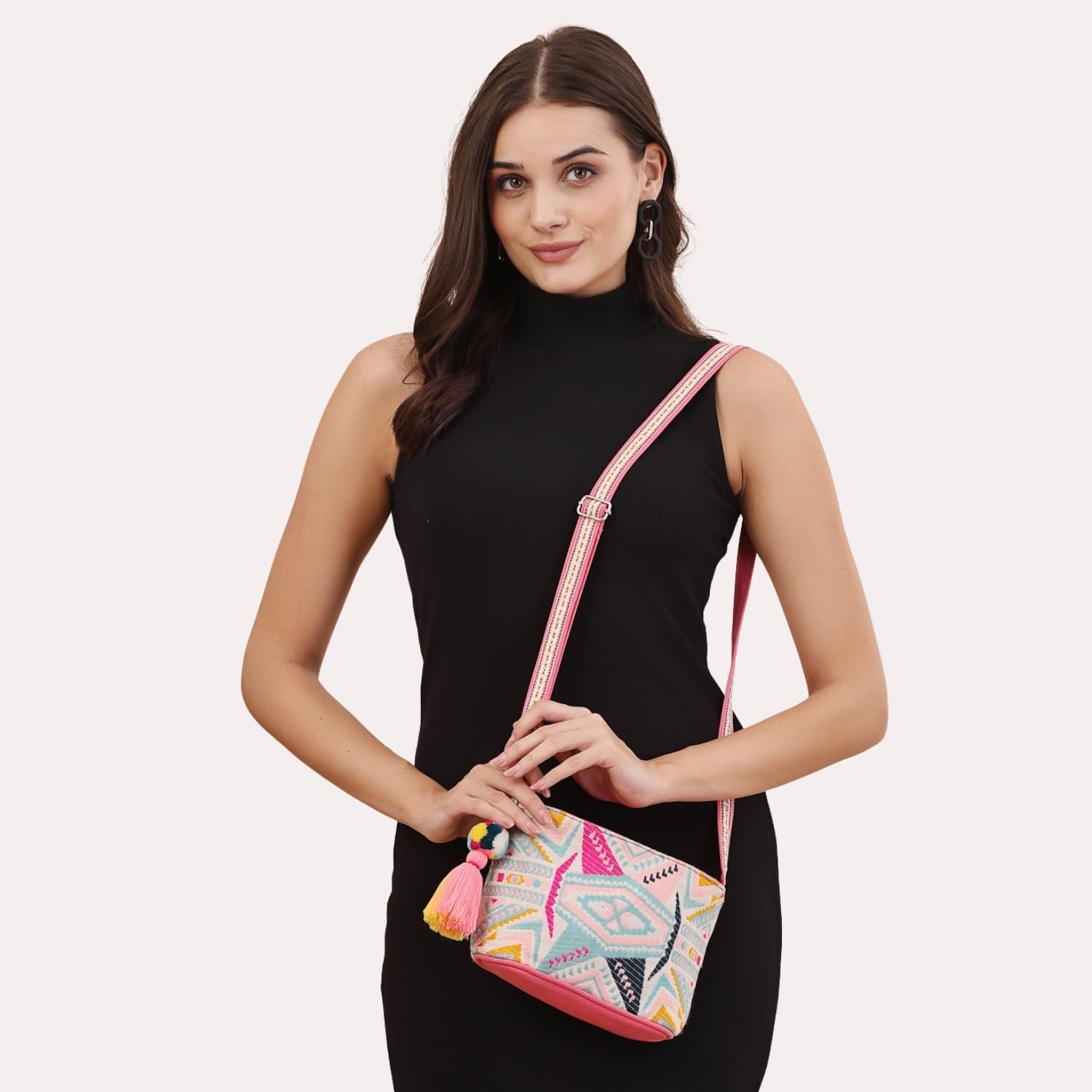 Anekaant Women Boho Fluorescent Pink & Multi Ethnic Jacquard Cotton Sling Bag 4