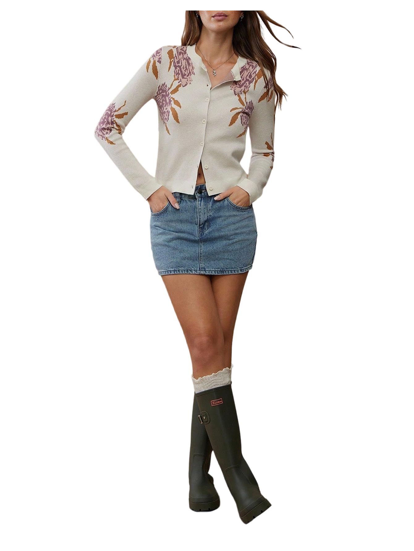 SweatyRocks Womens Floral Print Button Front Cardigan Casual Crew Neck Fitted Sweater Fall Outfits