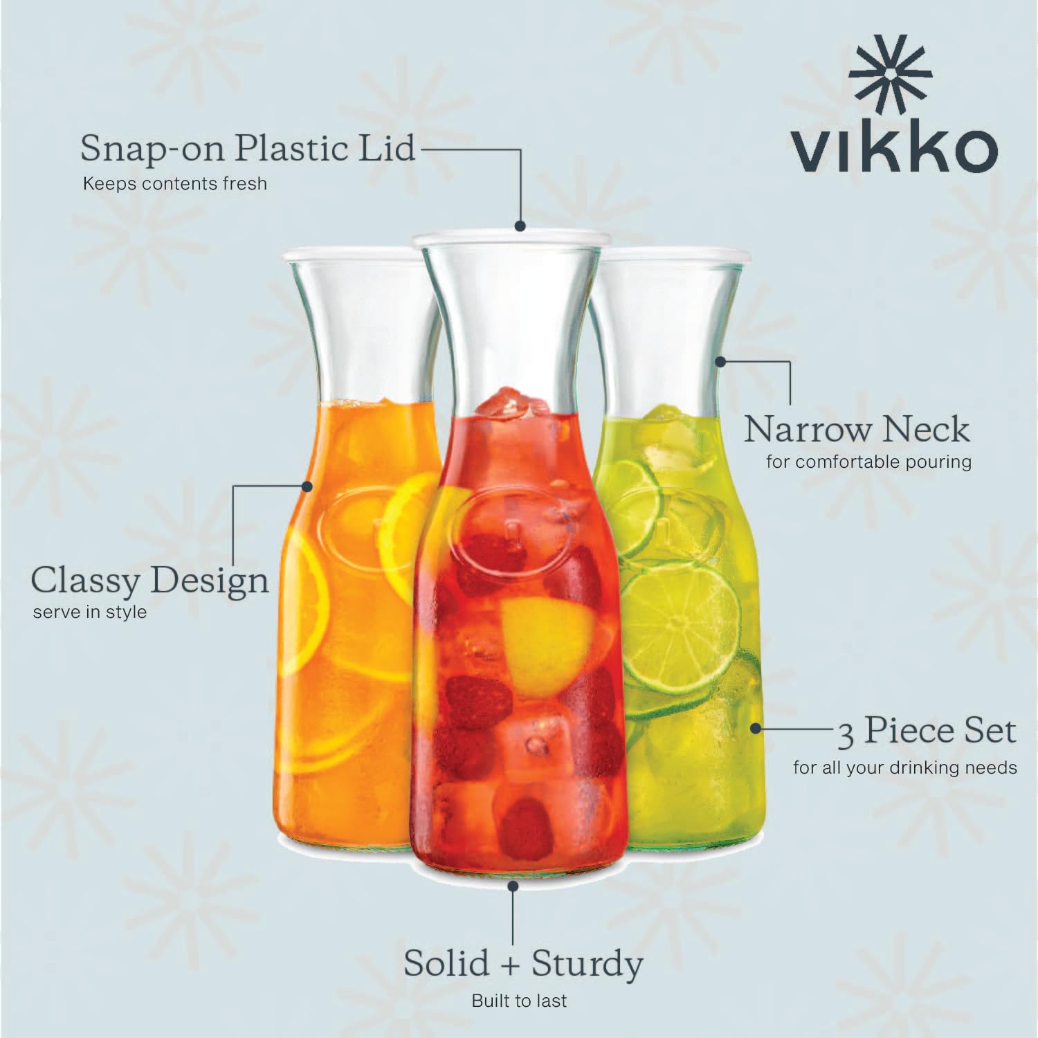 Vikko Jarra de agua de vidrio con tapa, juego de 3 jarras pequeñas de vidrio para barra de mimosa, jarra de vidrio de 1 litro para barra de mimosa, MIlk, té helado, apto para lavavajillas, suministros