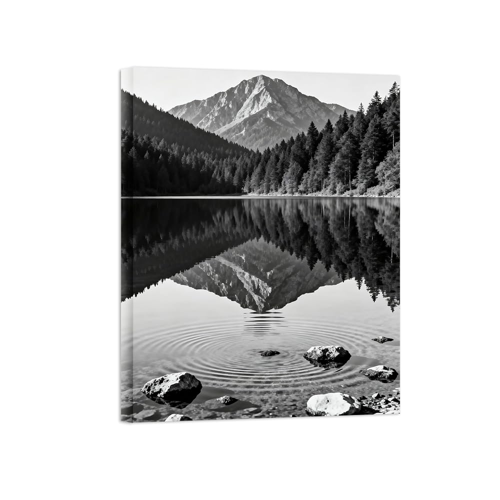 OZPWBVY Black and White Landscape Print Painting-Mountain Tree Lake-Minimalist Canvas Wall Art Picture for Home Ready to Hang 24x31in 60x80cm Wrapped Canvas