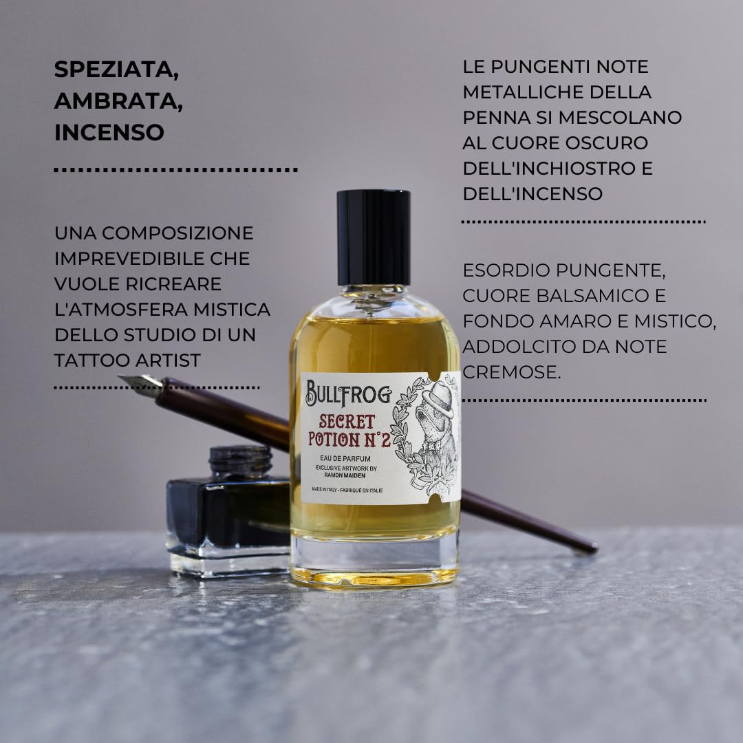 Bullfrog Eau De Parfum Secret Potion N.2 100ml - Perfumy dla mężczyzn - Nuty czarnego pieprzu, cynamonu, gałki muszkatołowej, drewna cedrowego, wetweru i drzewa sandałowego - Wyprodukowano we Włoszech